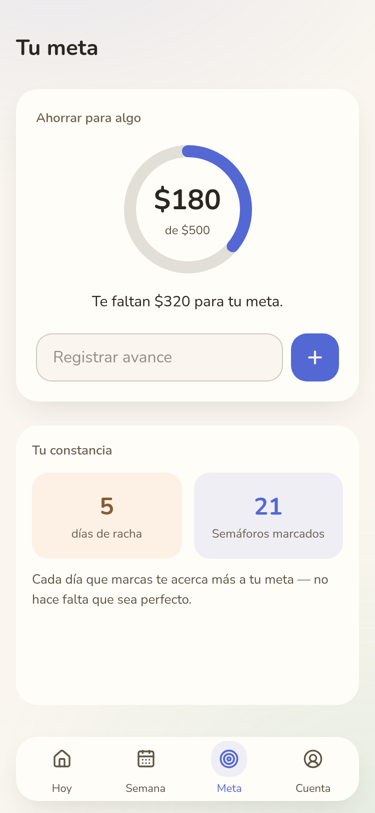Pantalla Tu meta: anillo de progreso de ahorro